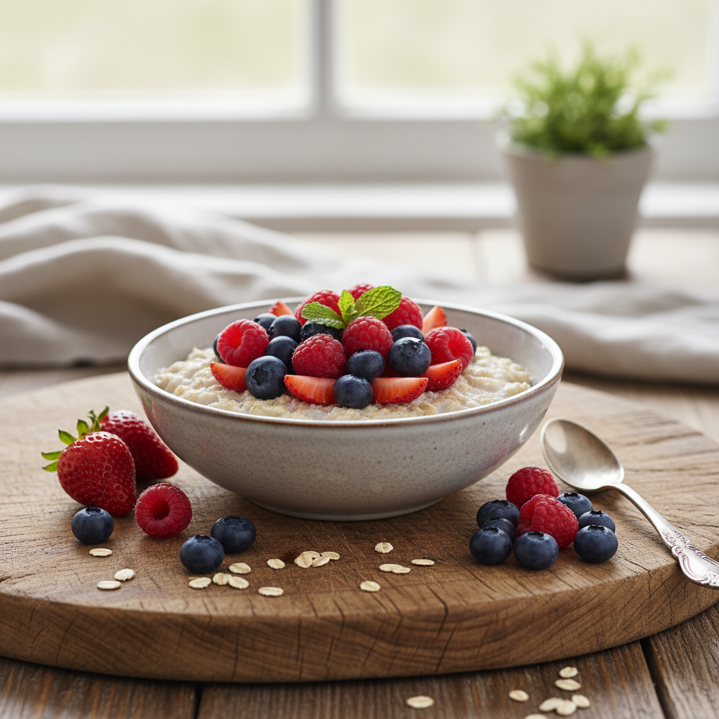 Eine Schale mit Haferflocken und frischen Beeren auf einer Holzunterlage – natürliche Komposition gesunder Lebensmittel ohne Markennamen
