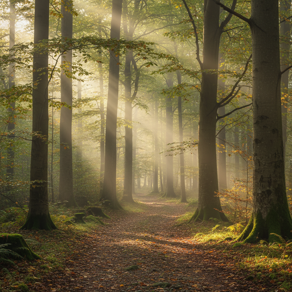 Ein ruhiger Waldweg mit weichem Morgenlicht und leichtem Nebel – symbolisiert mentale Erholung und Naturverbundenheit