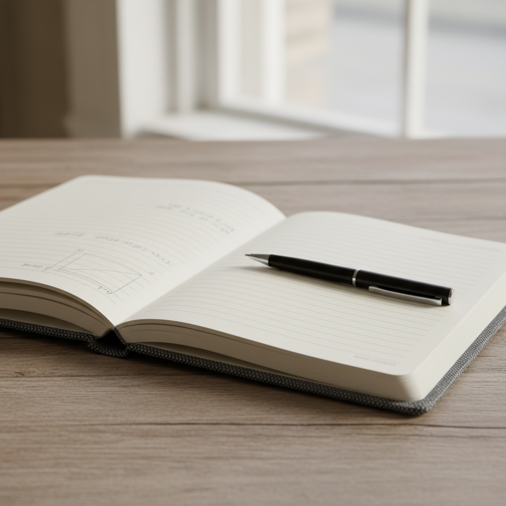Ein aufgeschlagenes, strukturiertes Notizbuch auf einer Holzoberfläche mit einem schlichten Stift – Symbol für reflektiertes, analytisches Denken