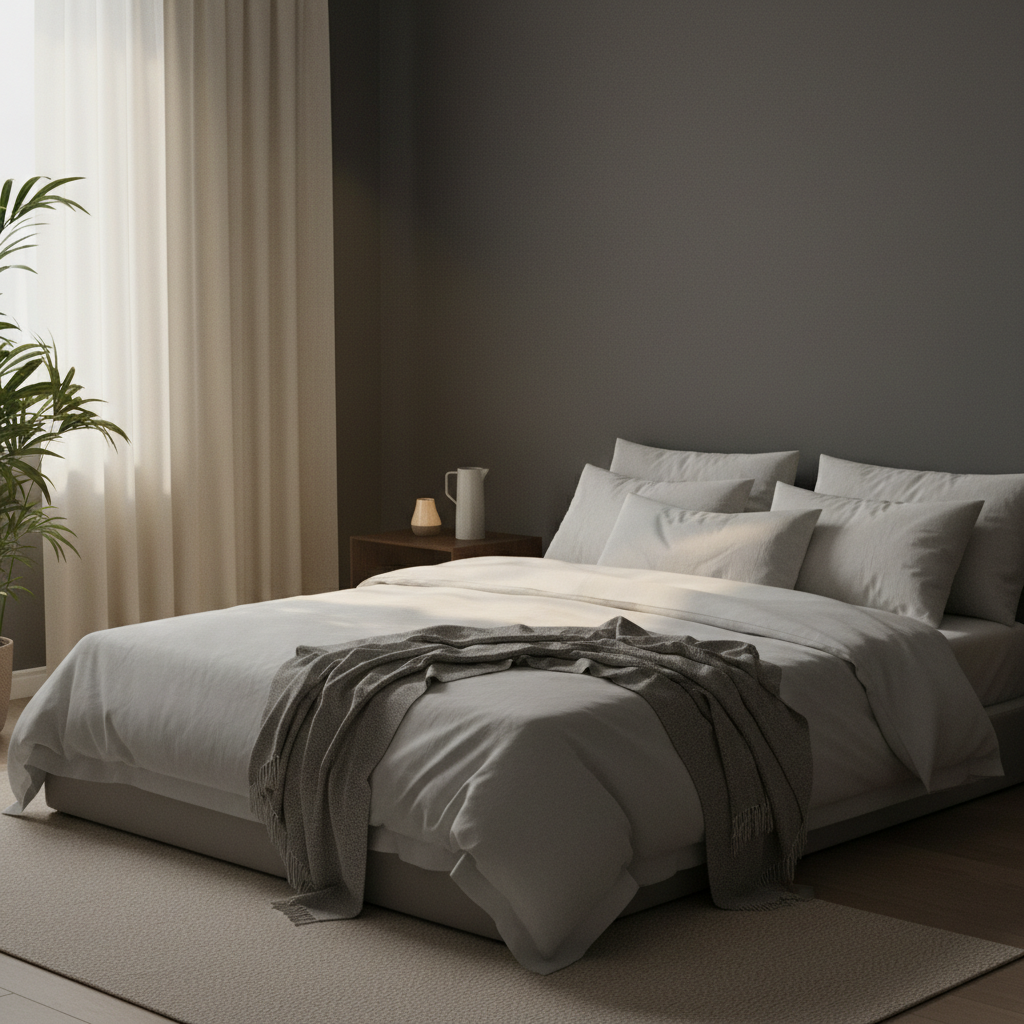 Ein ruhiges, abgedunkeltes Schlafzimmer mit natürlichem Lichteinfall durch einen schmalen Vorhangspalt – Darstellung von Schlafatmosphäre und Regeneration