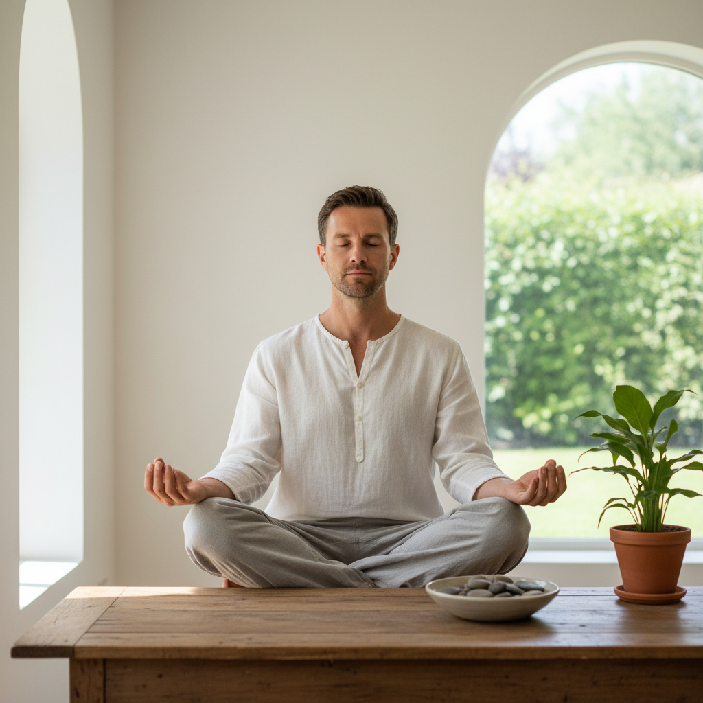 Ein Mann sitzt in ruhiger, aufrechter Haltung an einem Holztisch, umgeben von natürlichem Licht – Symbol für Achtsamkeit und Körperbewusstsein